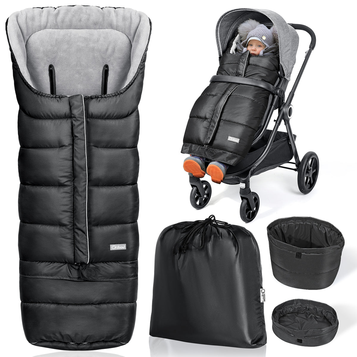 Orzbow Saco Silla Paseo Universal Invierno, Cremallera, Crece Conmigo Saco Carro Bebe Invierno, Pile Coral, Longitud Ajustable, Tira Reflectante, Partículas Antideslizantes, 97 a 117*44cm, Negro