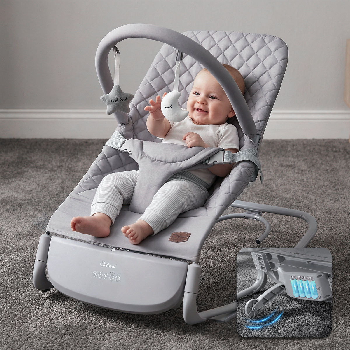 Electric Baby Rocker Chair & Infant Seat, 3-Speed Auto-Rock, Up to 20 lbs, Timer 30/60Min, 8 Soothing Melodies, 3 Recline Positions, 5 Volume Levels, Battery or Plug-In Powered, Machine-Washable Cover