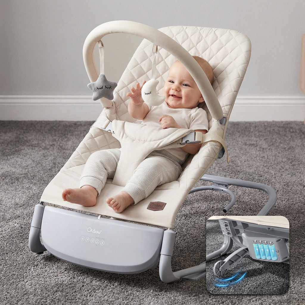 Electric Baby Rocker Chair & Infant Seat, 3-Speed Auto-Rock, Up to 20 lbs, Timer 30/60Min, 8 Soothing Melodies, 3 Recline Positions, 5 Volume Levels, Battery or Plug-In Powered, Machine-Washable Cover