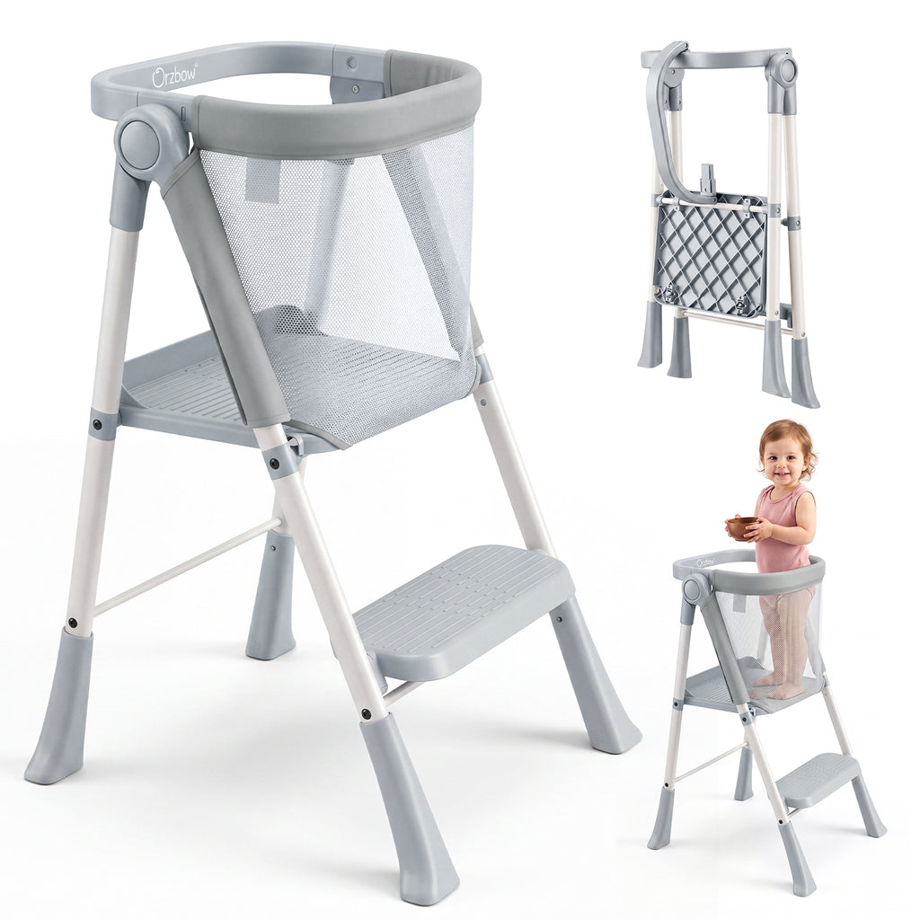 Orzbow Toddler Step Stool, Foldable Learning Tower, 2-Step Steel A-frame, Safety Rail and Mesh Net, for 18 Months-6 Years, up to 100cm, Folds Flat for Compact Storage