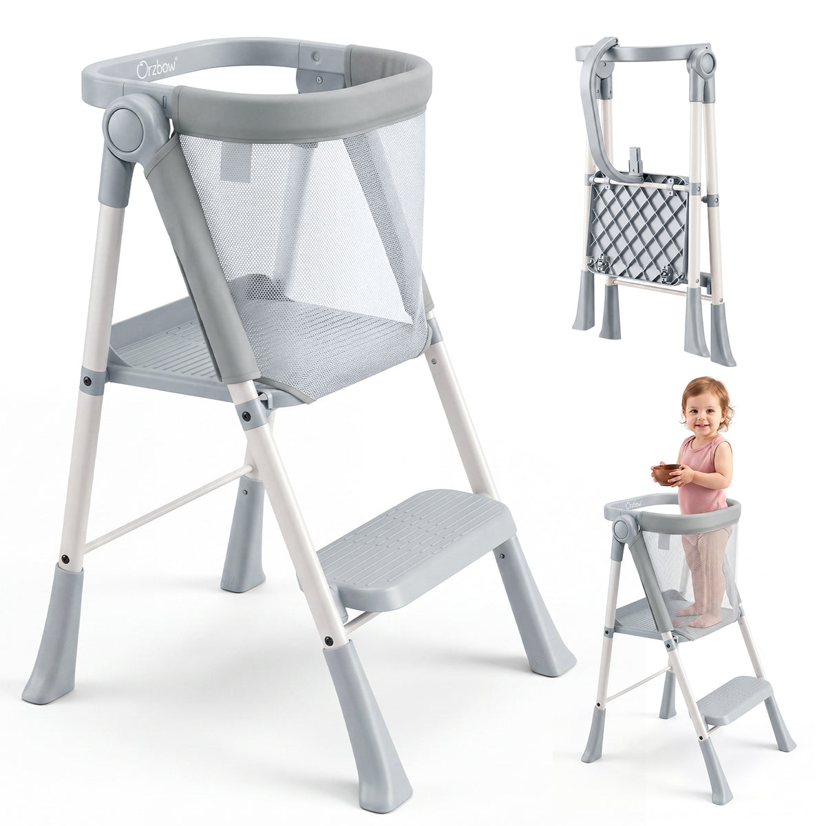 Orzbow Toddler Step Stool, Foldable Learning Tower, 2-Step Steel A-frame, Safety Rail and Mesh Net, for 18 Months-6 Years, up to 100cm, Folds Flat for Compact Storage