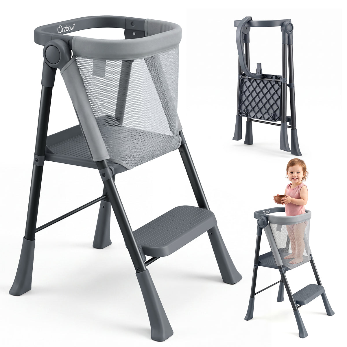 Orzbow Toddler Step Stool, Foldable Learning Tower, 2-Step Steel A-frame, Safety Rail and Mesh Net, for 18 Months-6 Years, up to 100cm, Folds Flat for Compact Storage