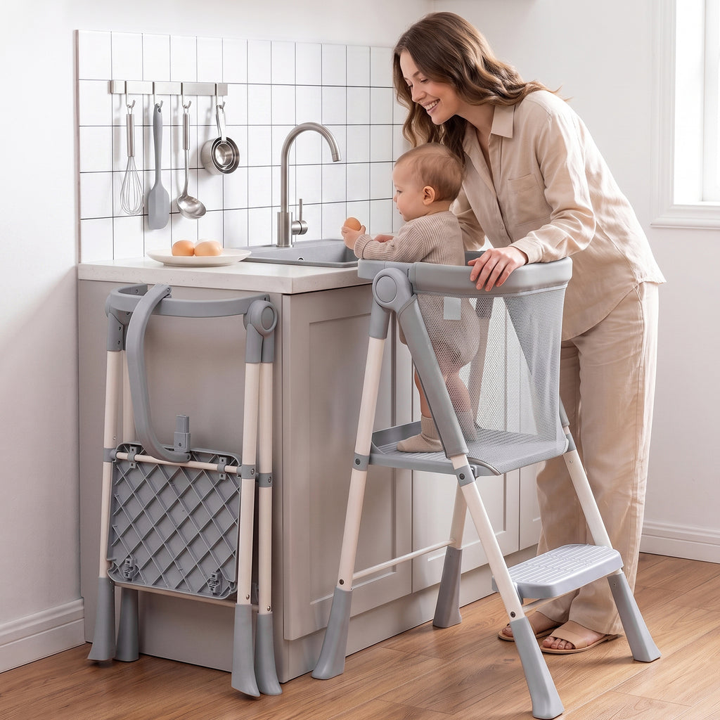 Orzbow Toddler Step Stool, Foldable Learning Tower, 2-Step Steel A-frame, Safety Rail and Mesh Net, for 18 Months-6 Years, up to 100cm, Folds Flat for Compact Storage