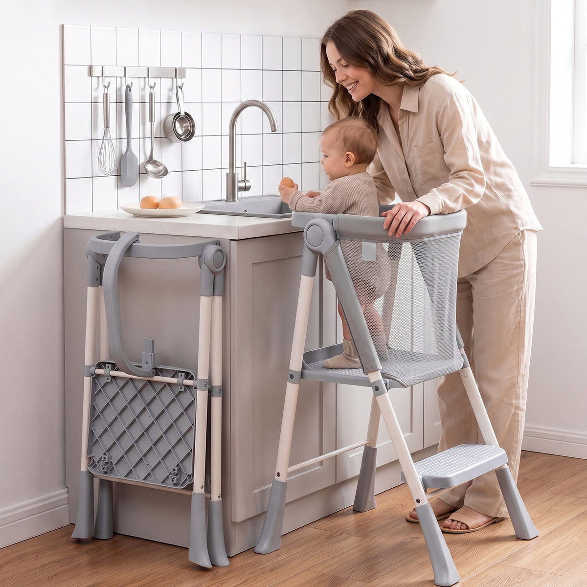 Orzbow Toddler Step Stool, Foldable Learning Tower, 2-Step Steel A-frame, Safety Rail and Mesh Net, for 18 Months-6 Years, up to 100cm, Folds Flat for Compact Storage