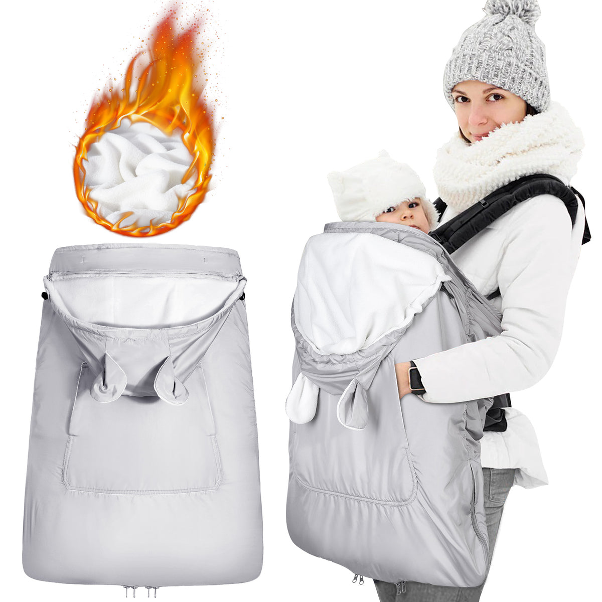 Orzbow Waterproof Baby Carrier Cover, Light Grey Bear Baby Carrier Cover Winter with Bag, Machine Washable, Central Pocket, Removable Top, Bottom Double Two-Way Zippers