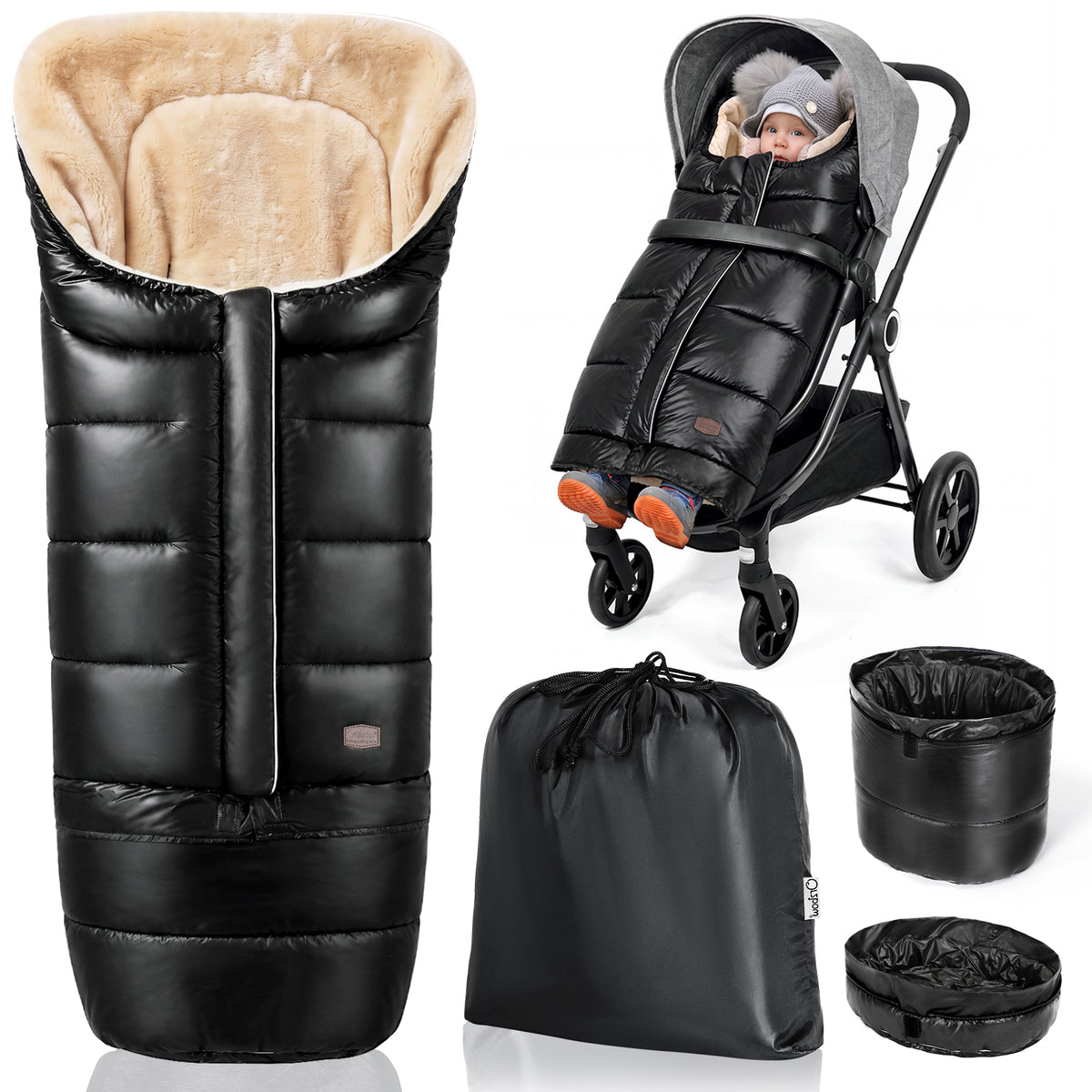 Orzbow Winter Stroller Footmuff, Faux Lambskin, Baby Stroller Winter Footmuff with Zipper, Easy Access, Anti-Slip Protection, Reflective Strips, Universal, Waterproof, 100*45cm