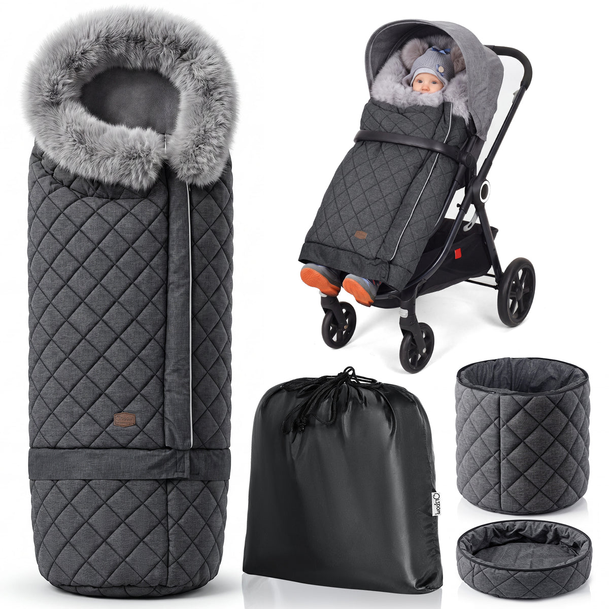 Orzbow Stroller Footmuff with Faux Fur Collar, Weather-Proof Bunting Bag Warm Cozy Blanket Cover with Reflective Strips & Extended Footmuff, Easily Attaches to Most Strollers, Baby Winter Essentials