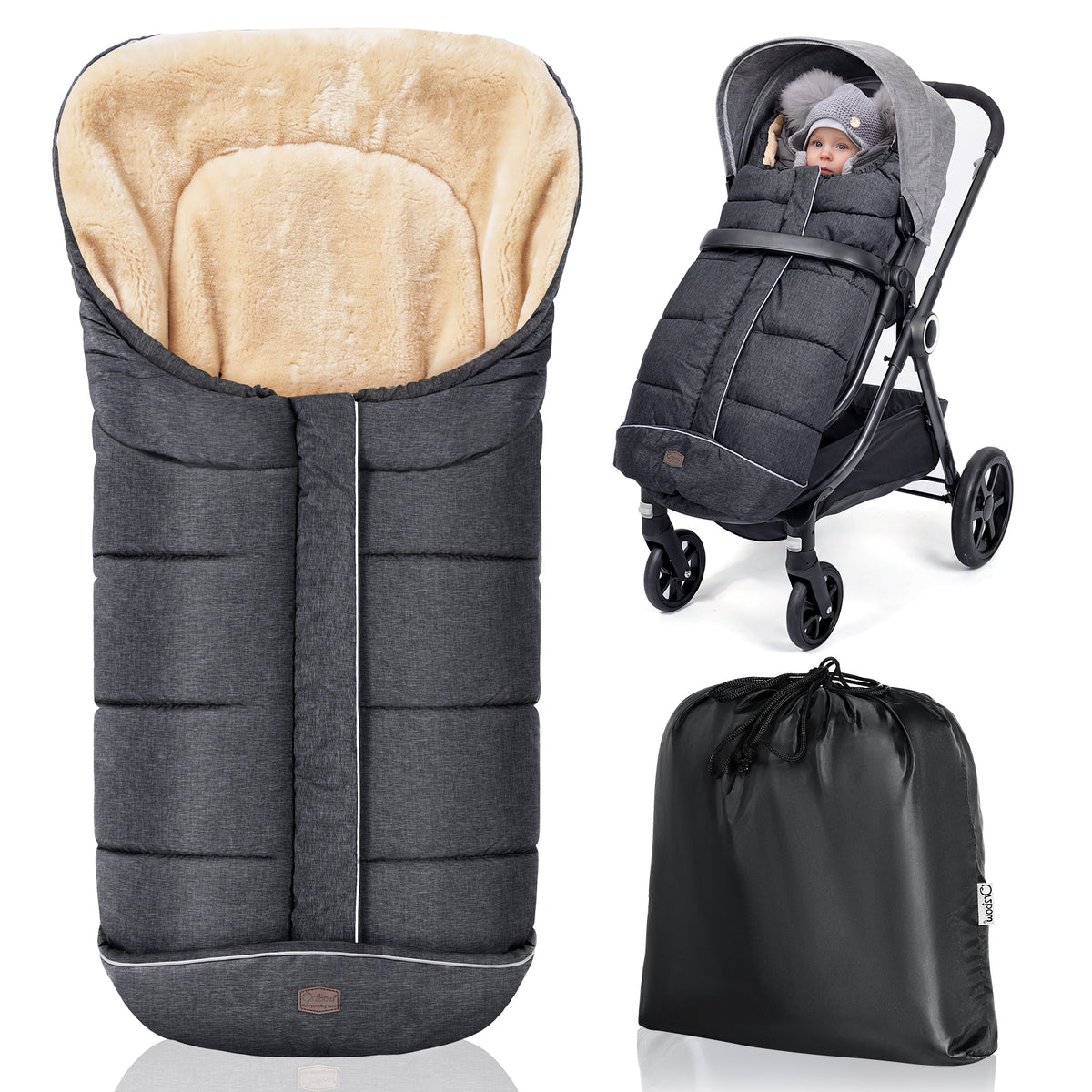 Orzbow Winter Stroller Footmuff, Faux Lambskin, Baby Stroller Winter Footmuff with Zipper, Easy Access, Anti-Slip Protection, Reflective Strips, Universal, Waterproof, 100*45cm