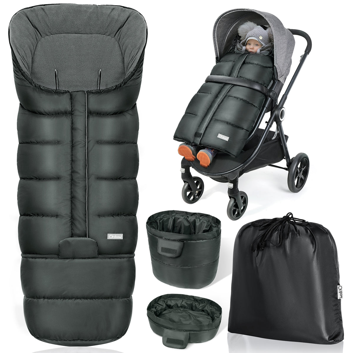 Orzbow Stroller Footmuff Winter, Buggy Footmuff, Zipper, Anthracite, Extendable Baby Stroller Footmuff with Detachable Bottom, Warm, Anti-Slip & Universal, 97/117*44cm