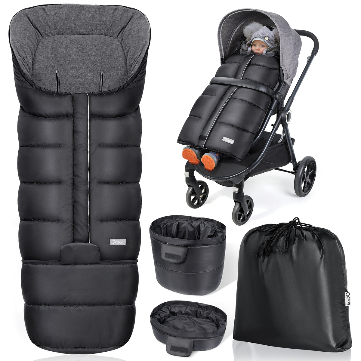 Orzbow Stroller Footmuff Winter, Buggy Footmuff, Zipper, Black, Adjustable Baby Stroller Footmuff with Replaceable Bottom, Warm, Anti-Slip Protection & Universal, 97/117*44cm