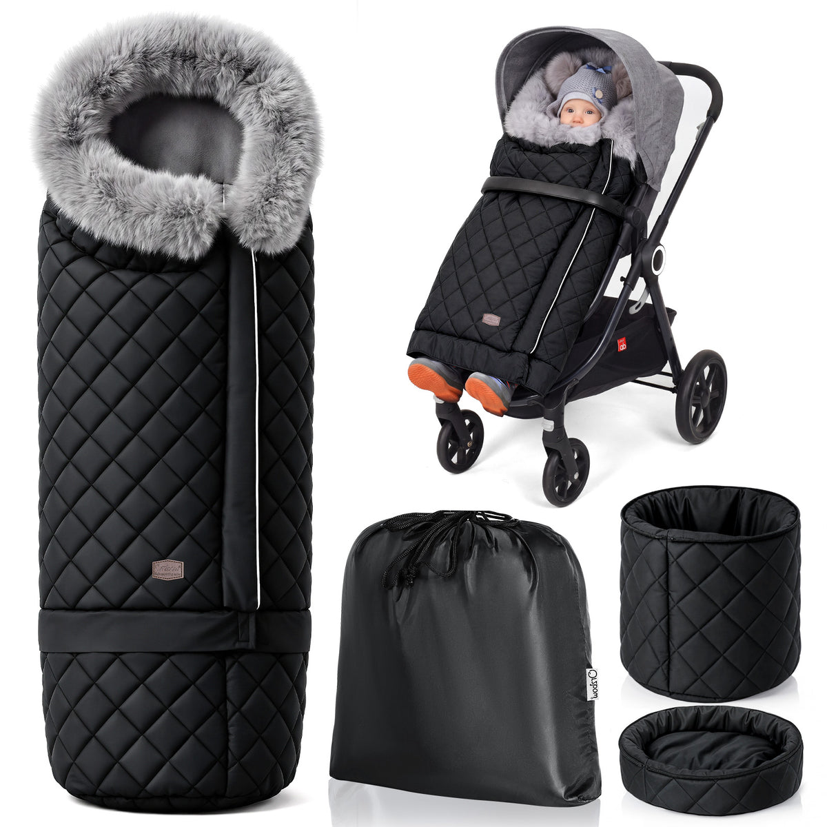 Orzbow Stroller Footmuff with Faux Fur Collar, Weather-Proof Bunting Bag Warm Cozy Blanket Cover with Reflective Strips & Extended Footmuff, Easily Attaches to Most Strollers, Baby Winter Essentials