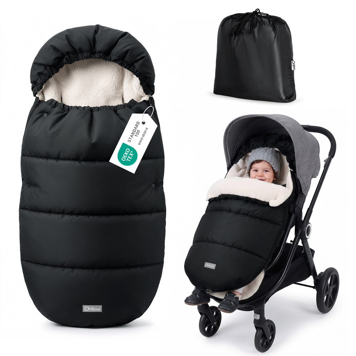 Orzbow Fußsack Kinderwagen Winter, Sherpa Fleece, Reißverschluss, Schwarz Fußsack Buggy Fusssack Kinderwagen Baby Winter, Abnehmbar, Maschinenwaschbar, Universelle & Wasserabweisendem, 90*48cm