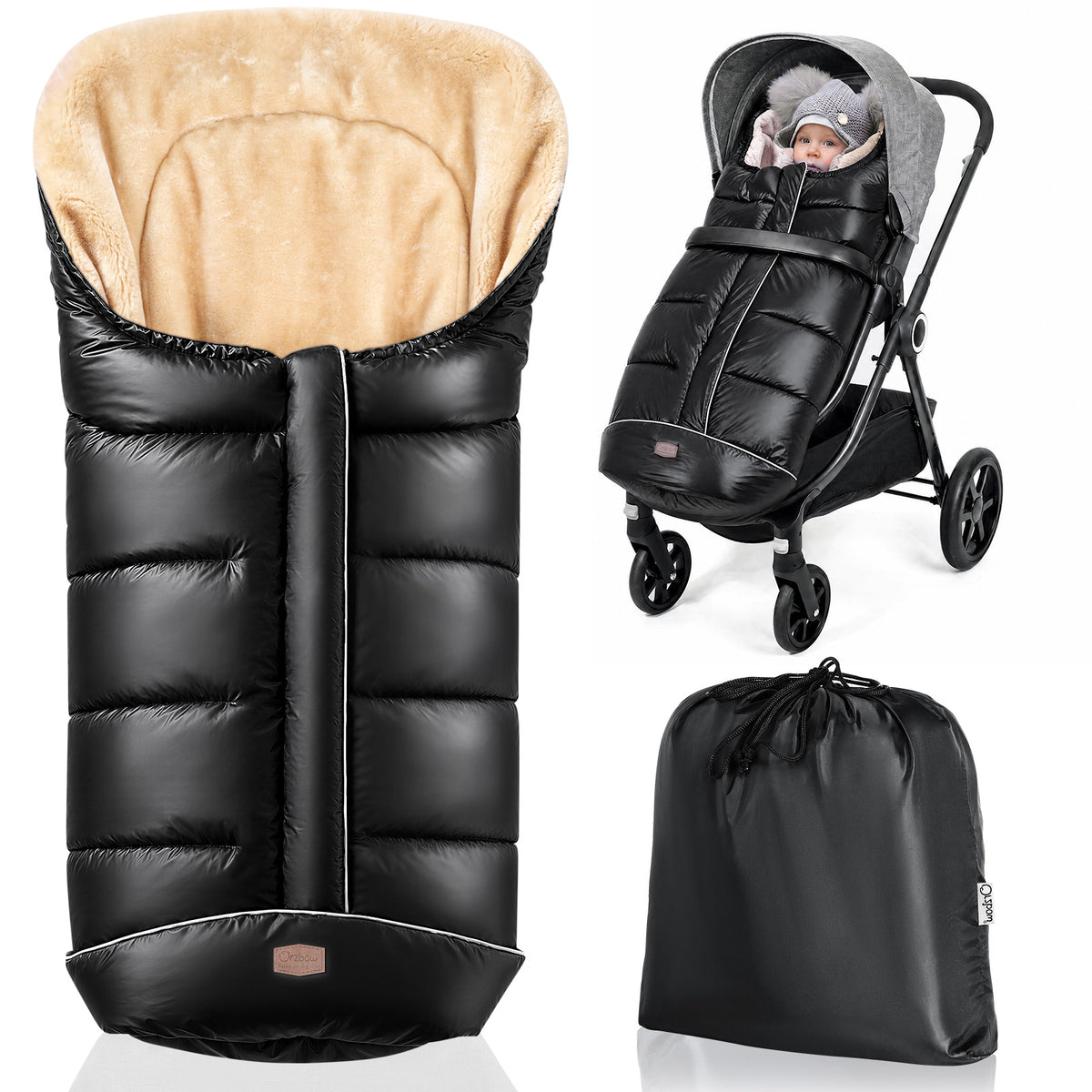 Orzbow Winter Stroller Footmuff, Faux Lambskin, Baby Stroller Winter Footmuff with Zipper, Easy Access, Anti-Slip Protection, Reflective Strips, Universal, Waterproof, 100*45cm