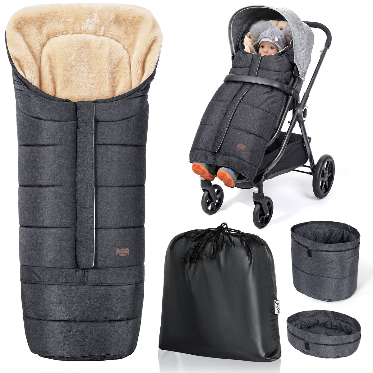 Orzbow Winter Stroller Footmuff, Faux Lambskin, Baby Stroller Winter Footmuff with Zipper, Easy Access, Anti-Slip Protection, Reflective Strips, Universal, Waterproof, 100*45cm