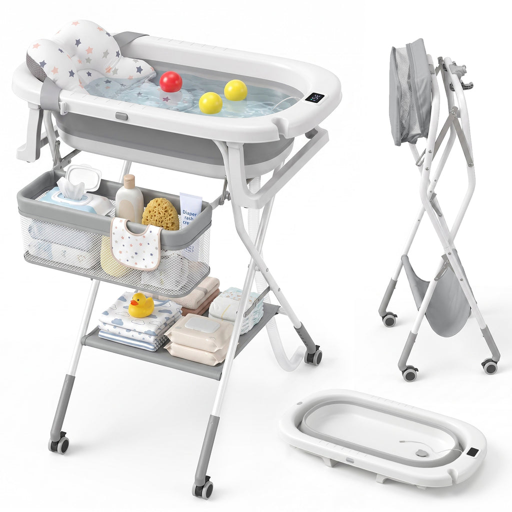 Orzbow klappbare Babybadewanne mit Ständer, höhenverstellbar, Babybadewanne mit Rollen, weichem Kissen und Thermometer, Badestation mit Ablagefach für Neugeborene und Säuglinge, platzsparend zusammenklappbar