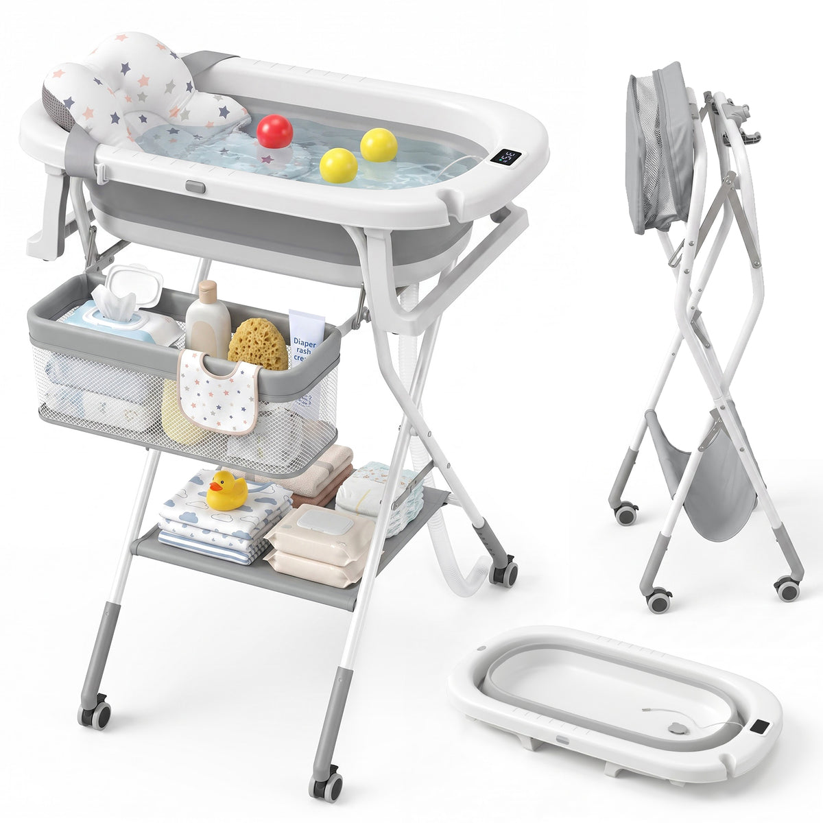 Orzbow Collapsible Baby Bathtub with Stand, Adjustable Height,Wheels Design Baby Bath Tub with Soft Cushion & Thermometer, Bath Station with Storage Tray for Newborn Infant, Folding for Space-Saving
