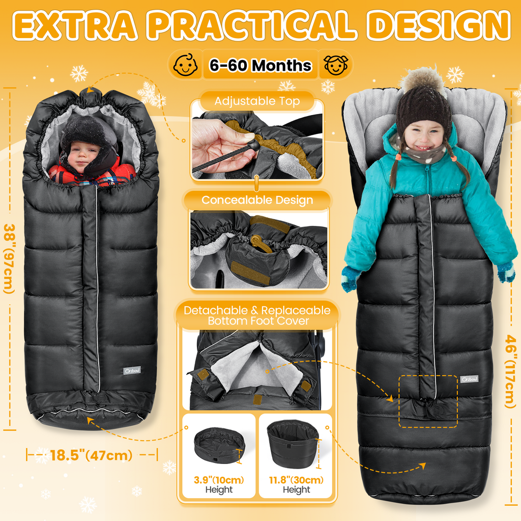 Orzbow Universal Winter Stroller Footmuff, Zipper, Grow-With-Me Baby Winter Stroller Sleeping Bag, Coral Fleece, Adjustable Length, Reflective Strip, Anti-Slip Particles, 97 to 117*44cm, Black