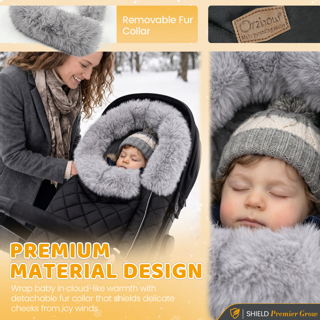 Orzbow Stroller Footmuff with Faux Fur Collar, Weather-Proof Bunting Bag, Warm Cozy Blanket Cover with Reflective Strips & Extended Footmuff, Easily Attaches to Most Strollers, Baby Winter Essentials