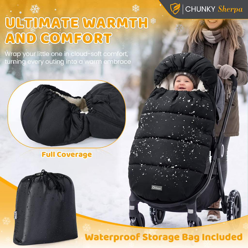 Orzbow Fußsack Kinderwagen Winter, Sherpa Fleece, Reißverschluss, Schwarz Fußsack Buggy Fusssack Kinderwagen Baby Winter, Abnehmbar, Maschinenwaschbar, Universelle & Wasserabweisendem, 90*48cm