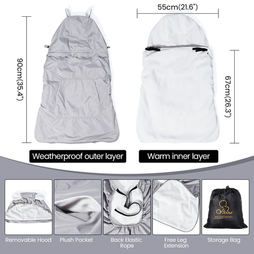 Orzbow Waterproof Baby Carrier Cover, Light Grey Bear Baby Carrier Cover Winter with Bag, Machine Washable, Central Pocket, Removable Top, Bottom Double Two-Way Zippers