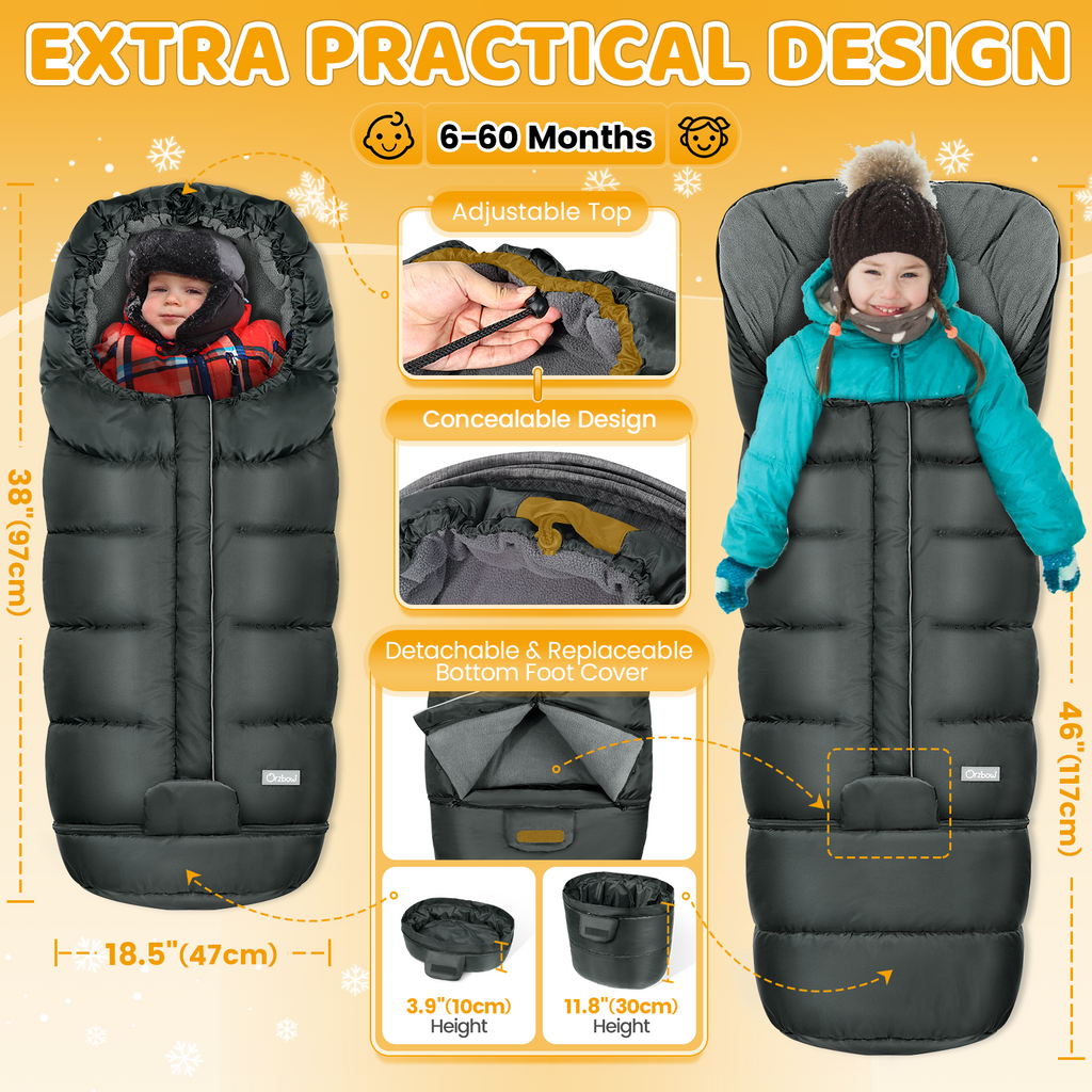 Orzbow Stroller Footmuff Winter, Buggy Footmuff, Zipper, Anthracite, Extendable Baby Stroller Footmuff with Detachable Bottom, Warm, Anti-Slip & Universal, 97/117*44cm