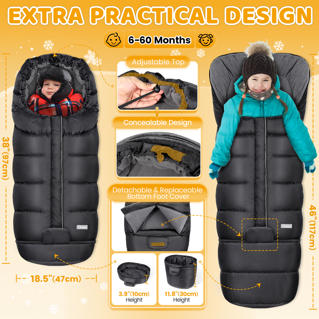 Orzbow Stroller Footmuff Winter, Buggy Footmuff, Zipper, Black, Adjustable Baby Stroller Footmuff with Replaceable Bottom, Warm, Anti-Slip Protection & Universal, 97/117*44cm