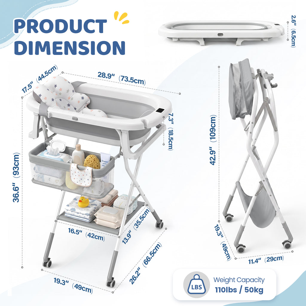 Orzbow klappbare Babybadewanne mit Ständer, höhenverstellbar, Babybadewanne mit Rollen, weichem Kissen und Thermometer, Badestation mit Ablagefach für Neugeborene und Säuglinge, platzsparend zusammenklappbar