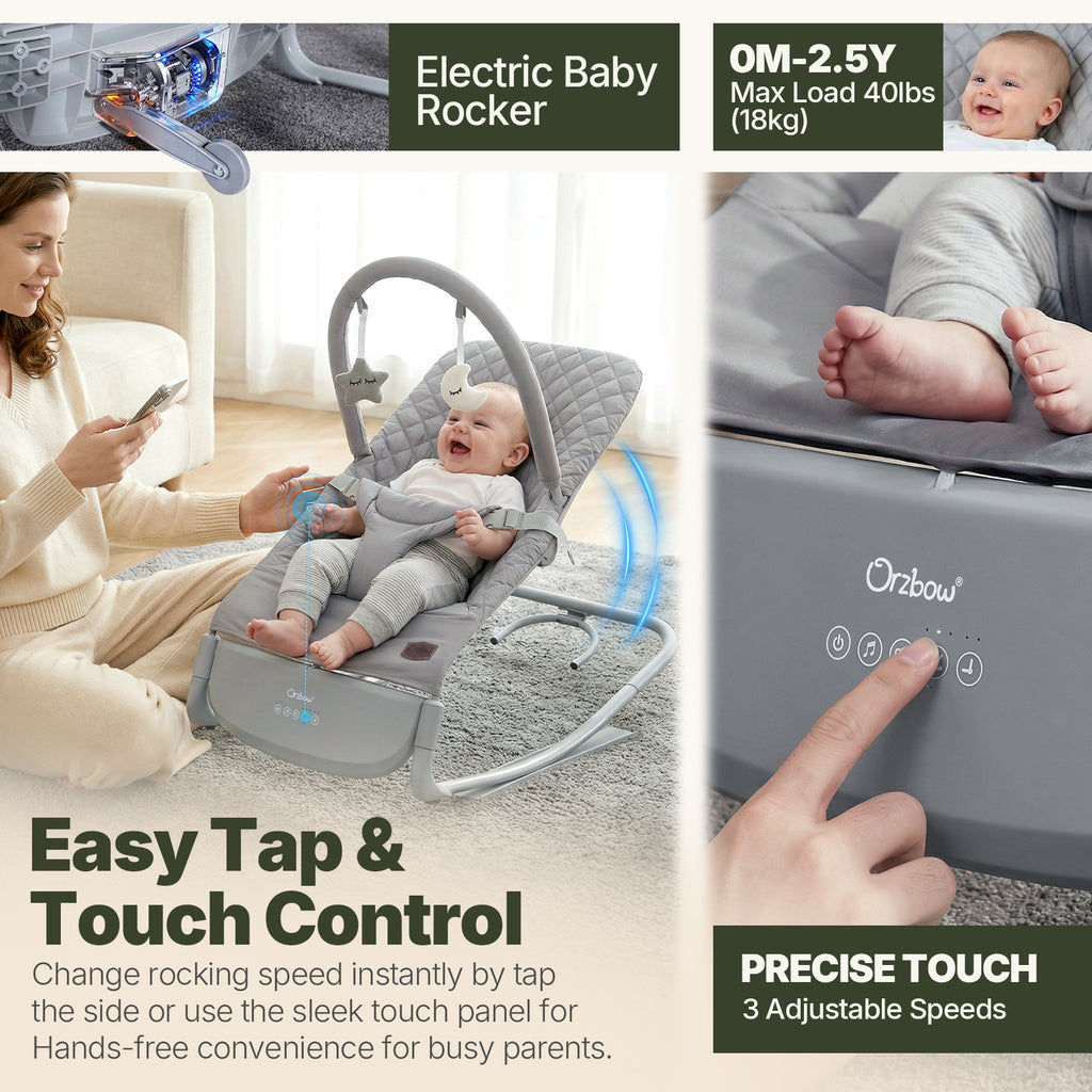 Electric Baby Rocker Chair & Infant Seat, 3-Speed Auto-Rock, Up to 20 lbs, Timer 30/60Min, 8 Soothing Melodies, 3 Recline Positions, 5 Volume Levels, Battery or Plug-In Powered, Machine-Washable Cover