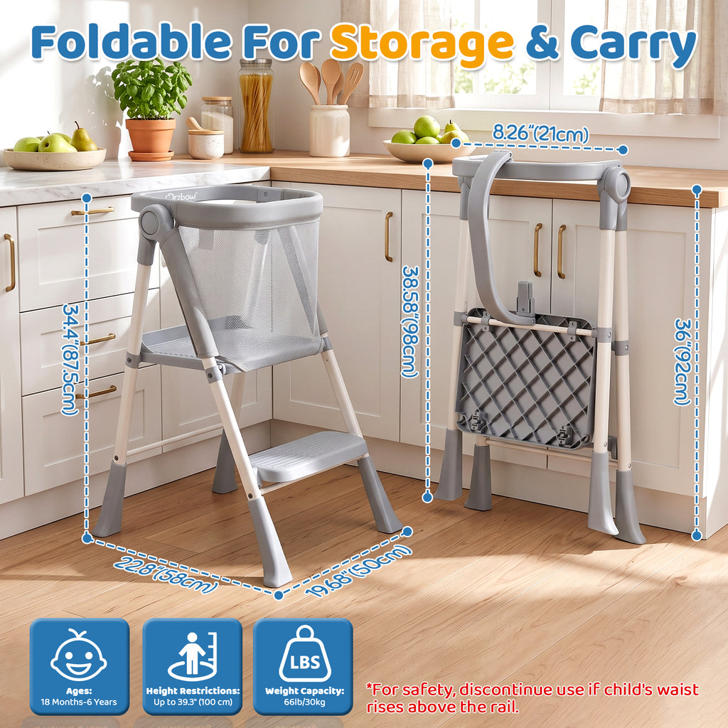 Orzbow Toddler Step Stool, Foldable Learning Tower, 2-Step Steel A-frame, Safety Rail and Mesh Net, for 18 Months-6 Years, up to 100cm, Folds Flat for Compact Storage