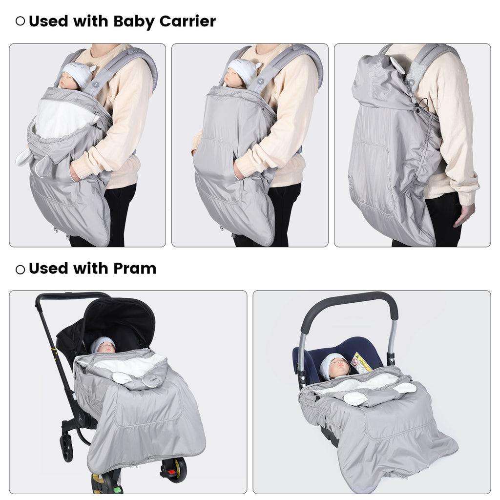 Orzbow Waterproof Baby Carrier Cover, Light Grey Bear Baby Carrier Cover Winter with Bag, Machine Washable, Central Pocket, Removable Top, Bottom Double Two-Way Zippers