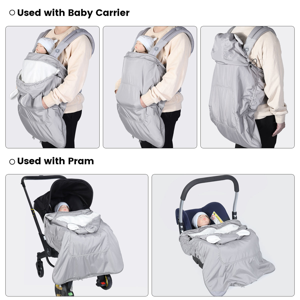 Orzbow Waterproof Baby Carrier Cover, Light Grey Bear Baby Carrier Cover Winter with Bag, Machine Washable, Central Pocket, Removable Top, Bottom Double Two-Way Zippers