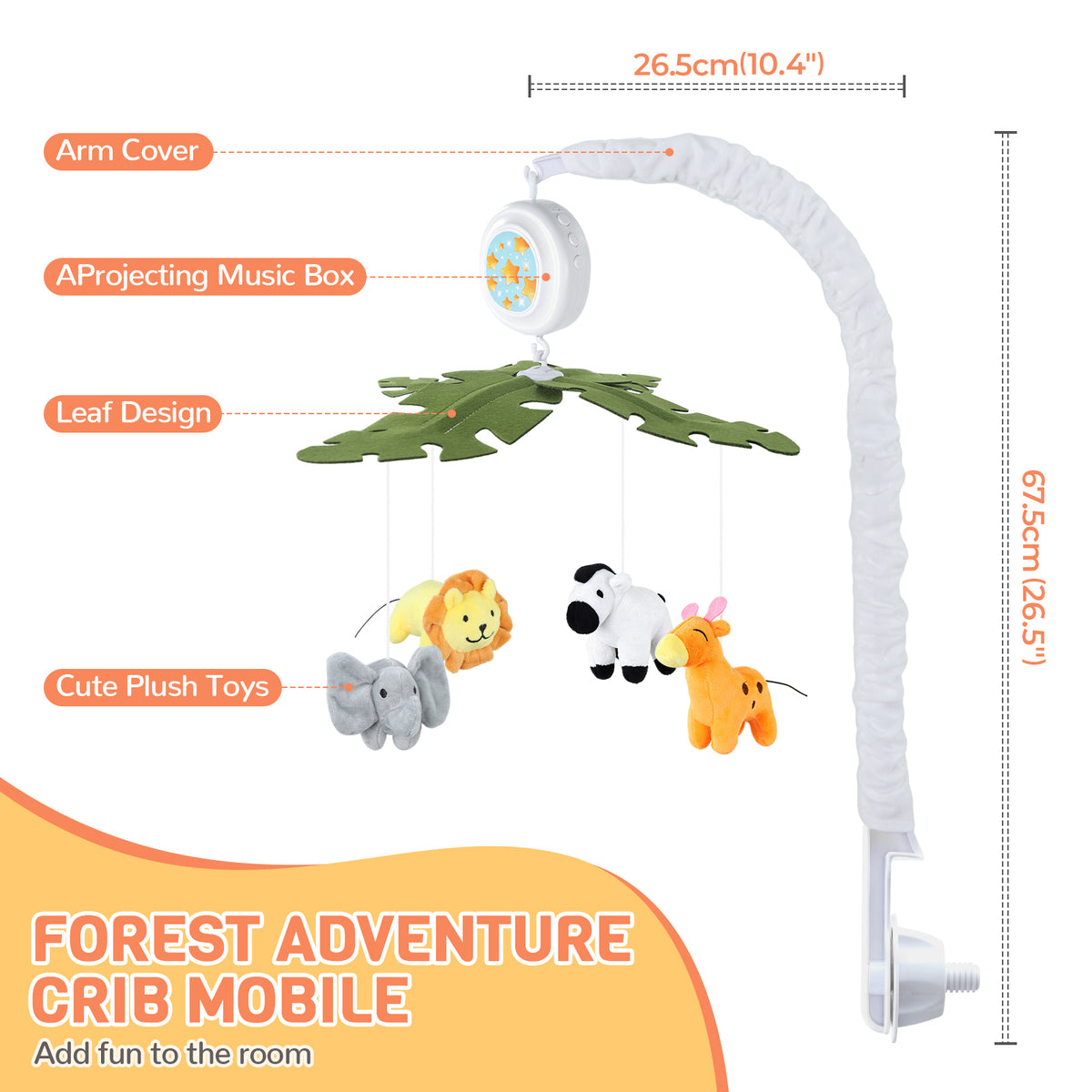 Orzbow Crib Mobile with Music and Lights, Cute Animal Design, Baby Mobile Infant Boys Girls,Rotation, Remote Control, Adjustable Nursery Hanging Toys
