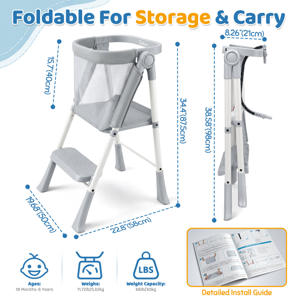 Orzbow Toddler Step Stool, Foldable Learning Tower, 2-Step Steel A-frame, Safety Rail and Mesh Net, for 18 Months-6 Years, up to 100cm, Folds Flat for Compact Storage