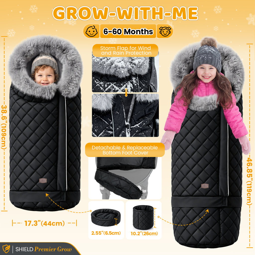 Orzbow Stroller Footmuff with Faux Fur Collar, Weather-Proof Bunting Bag, Warm Cozy Blanket Cover with Reflective Strips & Extended Footmuff, Easily Attaches to Most Strollers, Baby Winter Essentials