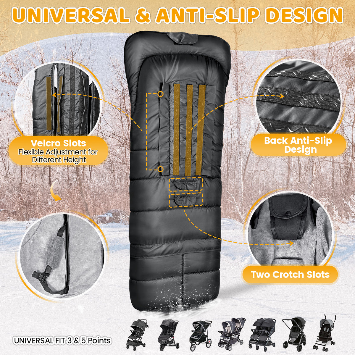 Orzbow Saco Silla Paseo Universal Invierno, Cremallera, Crece Conmigo Saco Carro Bebe Invierno, Pile Coral, Longitud Ajustable, Tira Reflectante, Partículas Antideslizantes, 97 a 117*44cm, Negro