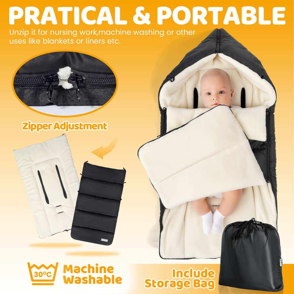 Orzbow Fußsack für Kinderwagen universell, leicht zugänglicher Reißverschluss, rutschfeste Rückseite, Cape mit Reißverschluss, warmes, dickes Fleece, viel Platz, 95*46 cm, maschinenwaschbar, wasserabweisend, Schwarz und Weiß
