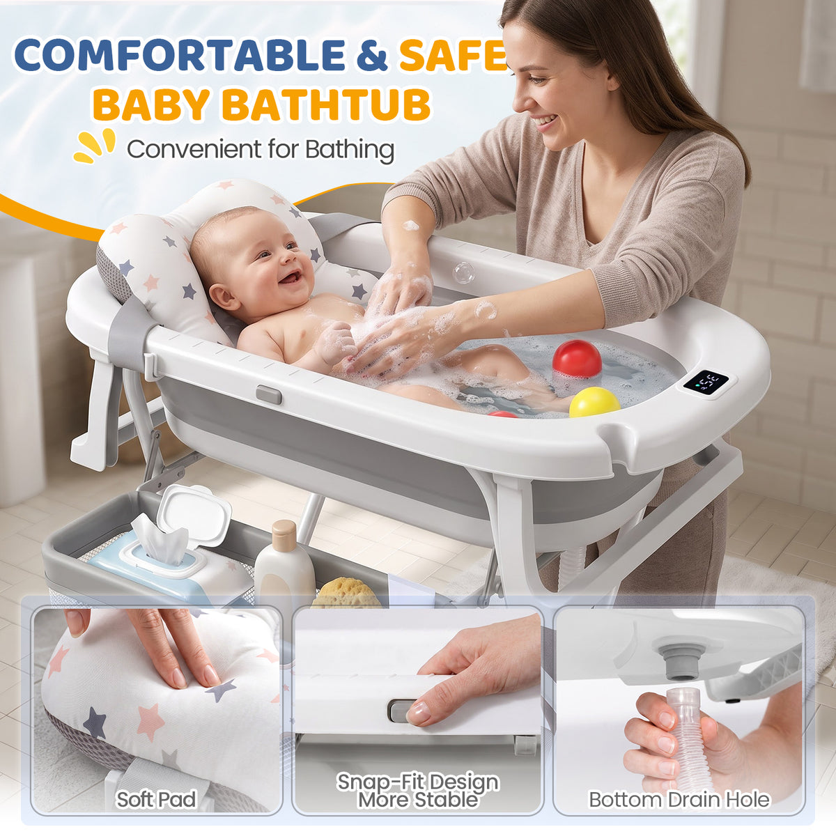 Orzbow Collapsible Baby Bathtub with Stand, Adjustable Height,Wheels Design Baby Bath Tub with Soft Cushion & Thermometer, Bath Station with Storage Tray for Newborn Infant, Folding for Space-Saving