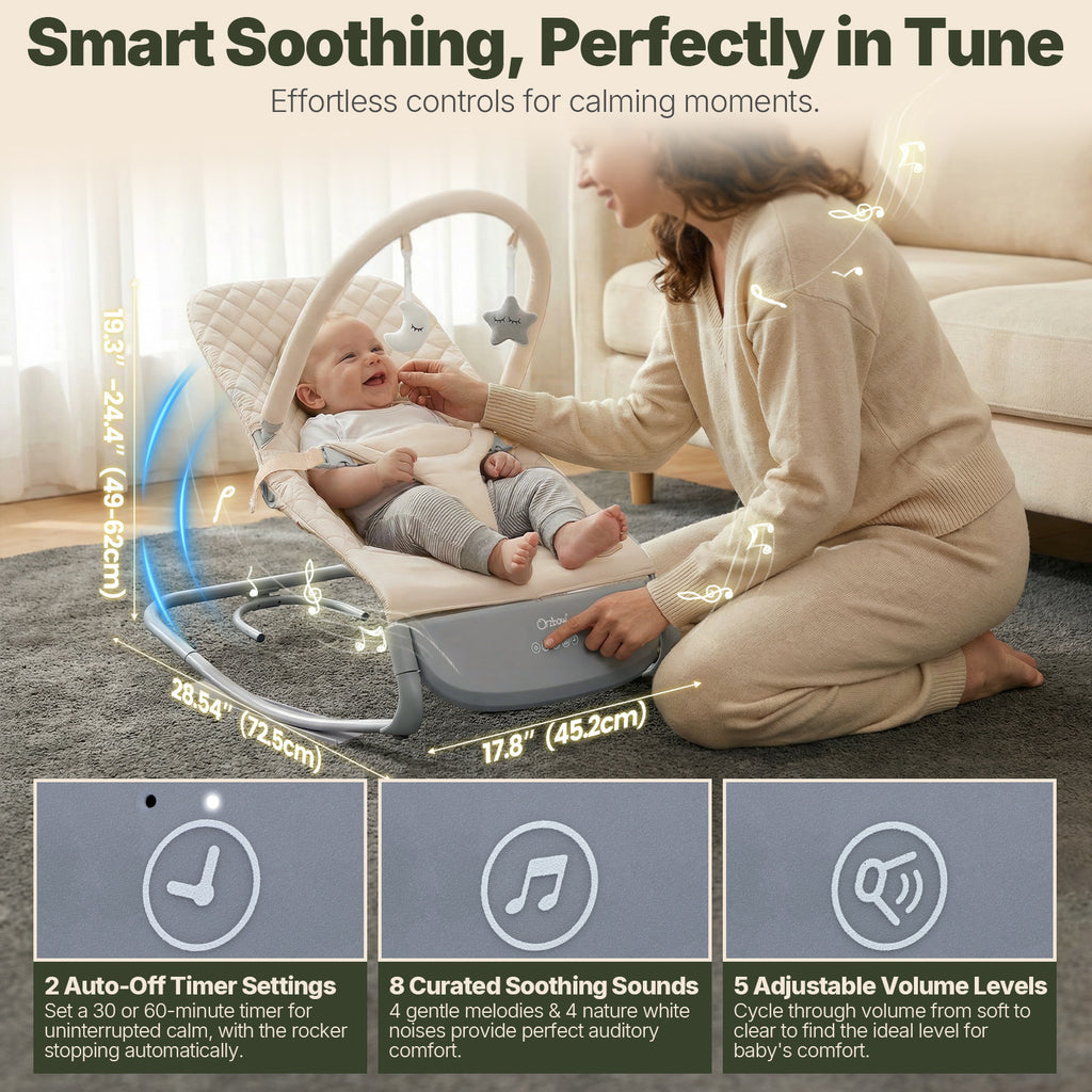 Electric Baby Rocker Chair & Infant Seat, 3-Speed Auto-Rock, Up to 20 lbs, Timer 30/60Min, 8 Soothing Melodies, 3 Recline Positions, 5 Volume Levels, Battery or Plug-In Powered, Machine-Washable Cover