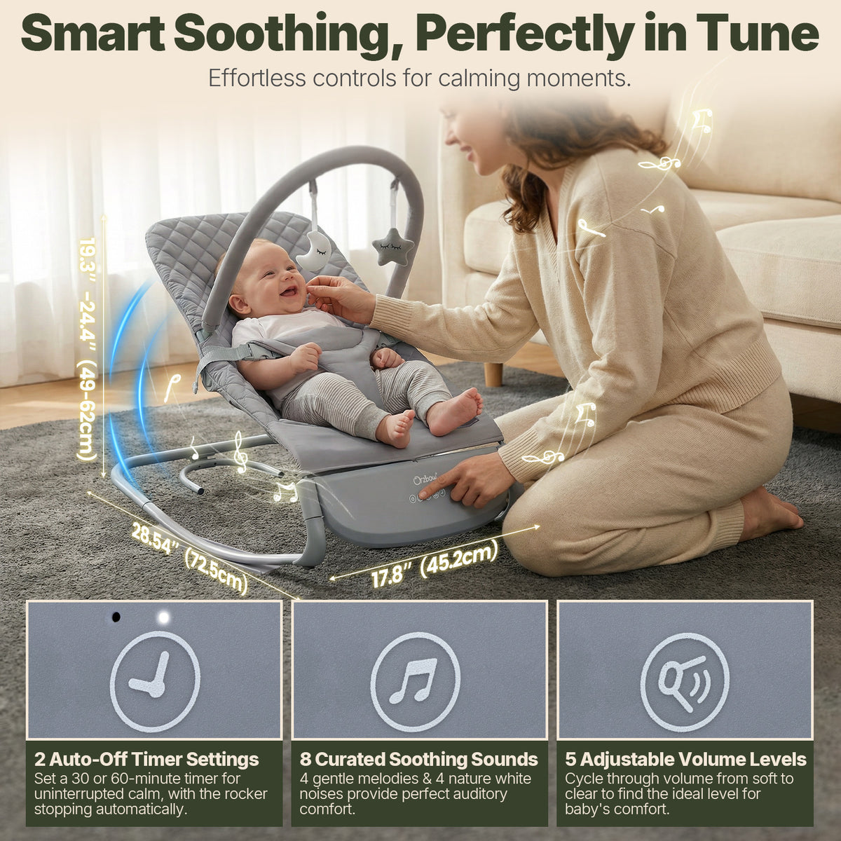 Electric Baby Rocker Chair & Infant Seat, 3-Speed Auto-Rock, Up to 20 lbs, Timer 30/60Min, 8 Soothing Melodies, 3 Recline Positions, 5 Volume Levels, Battery or Plug-In Powered, Machine-Washable Cover