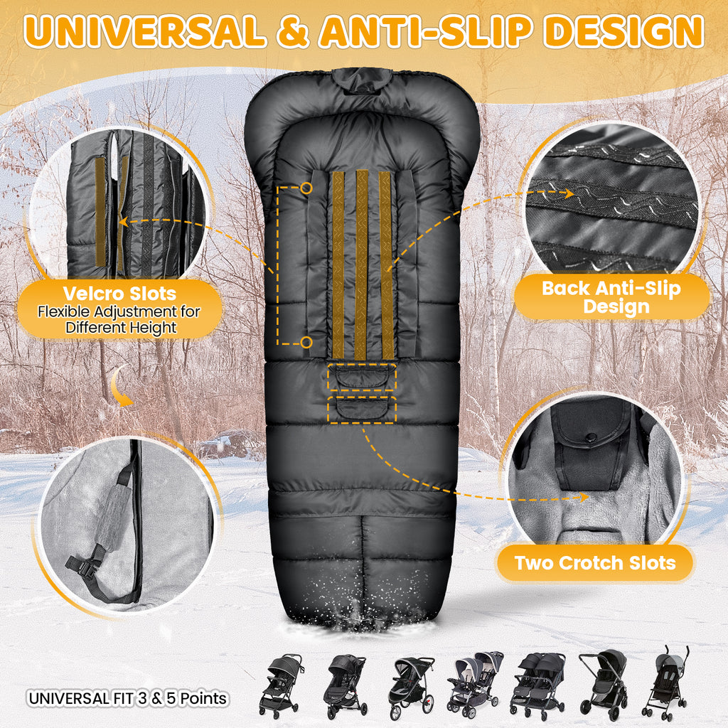 Orzbow Universal Winter Stroller Footmuff, Zipper, Grow-With-Me Baby Winter Stroller Sleeping Bag, Coral Fleece, Adjustable Length, Reflective Strip, Anti-Slip Particles, 97 to 117*44cm, Black