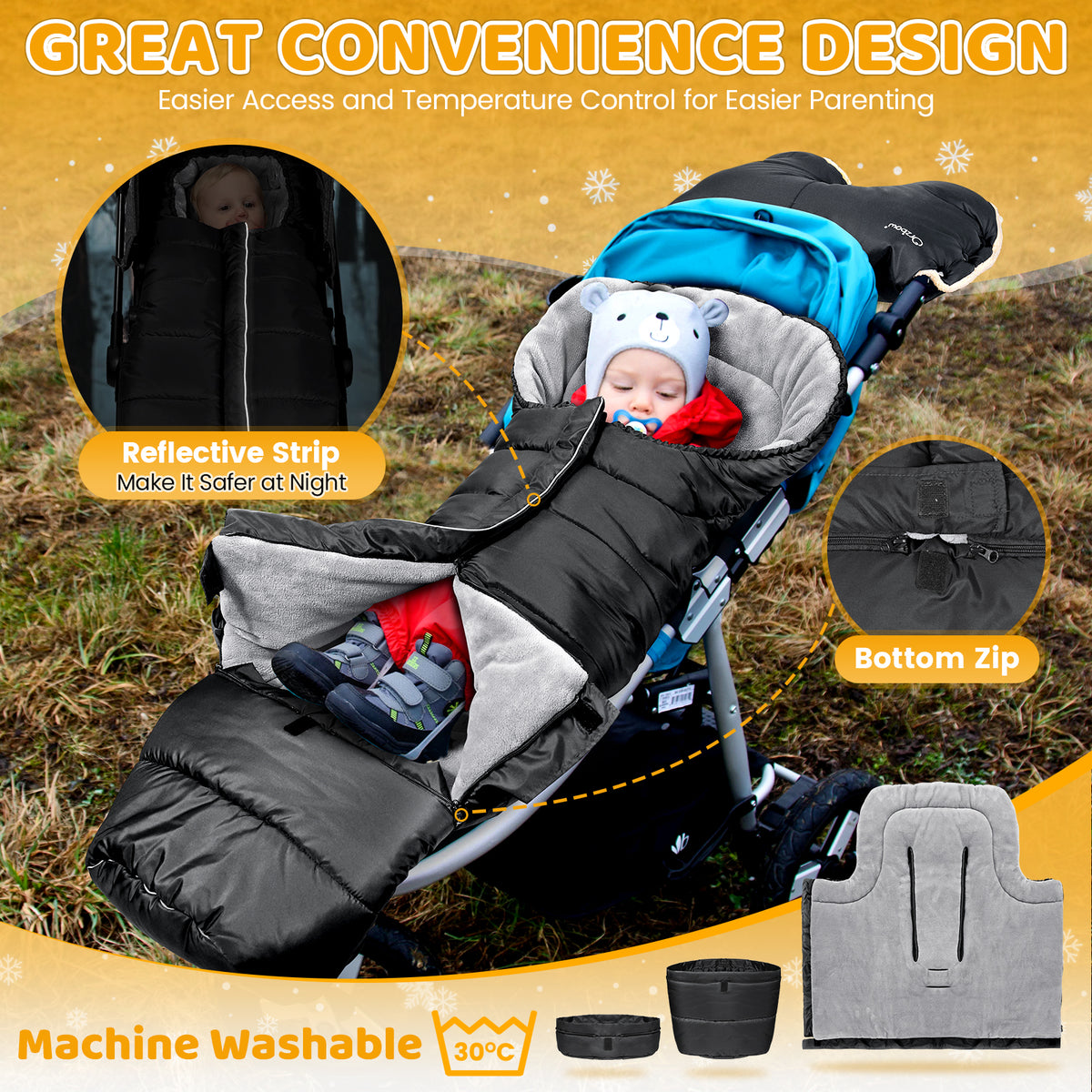 Orzbow Universal Winter Stroller Footmuff, Zipper, Grow-With-Me Baby Winter Stroller Sleeping Bag, Coral Fleece, Adjustable Length, Reflective Strip, Anti-Slip Particles, 97 to 117*44cm, Black