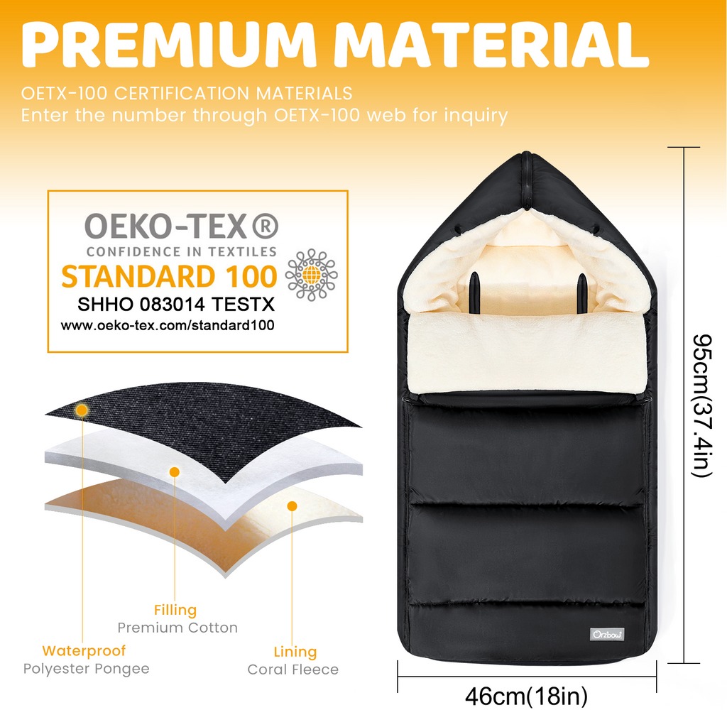 Orzbow Fußsack für Kinderwagen universell, leicht zugänglicher Reißverschluss, rutschfeste Rückseite, Cape mit Reißverschluss, warmes, dickes Fleece, viel Platz, 95*46 cm, maschinenwaschbar, wasserabweisend, Schwarz und Weiß