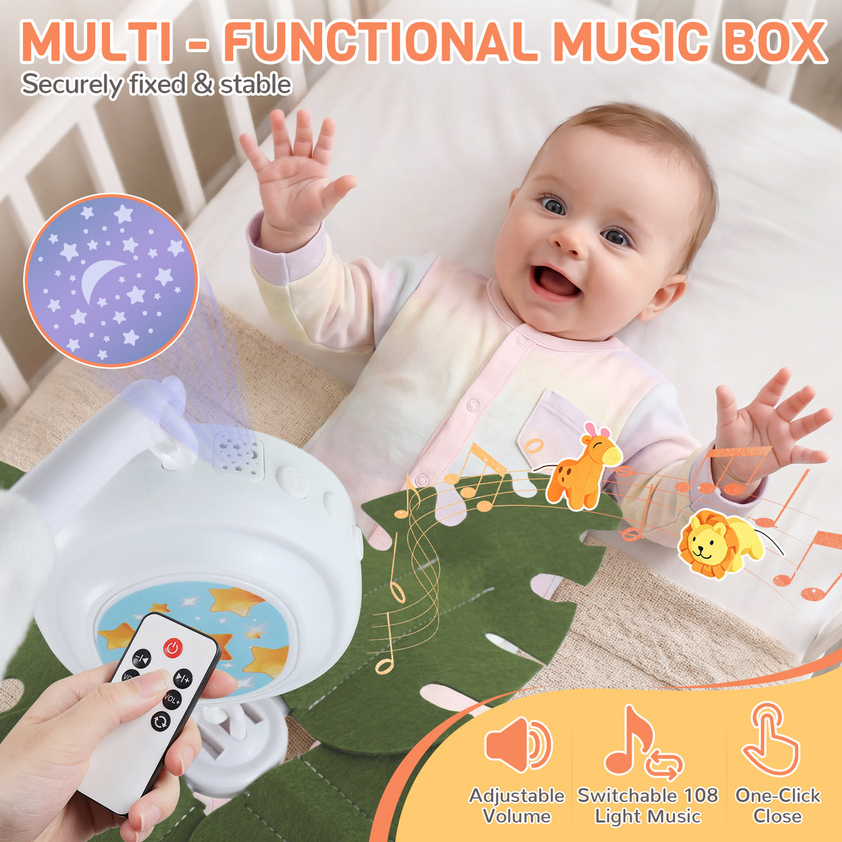 Orzbow Crib Mobile with Music and Lights, Cute Animal Design, Baby Mobile Infant Boys Girls,Rotation, Remote Control, Adjustable Nursery Hanging Toys