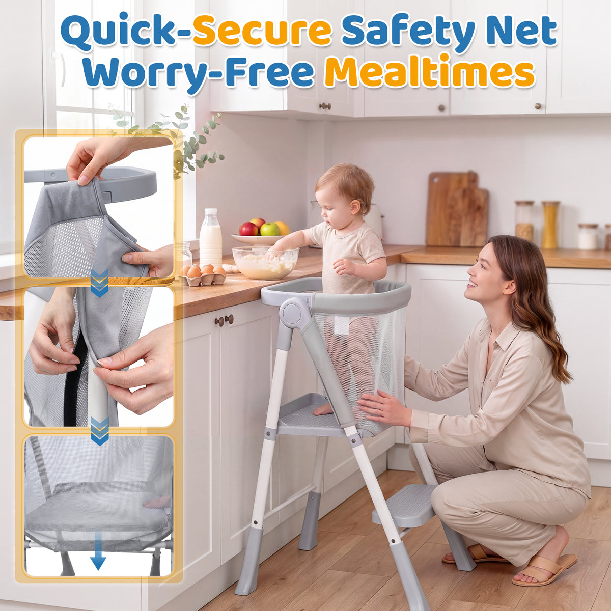 Orzbow Toddler Step Stool, Foldable Learning Tower, 2-Step Steel A-frame, Safety Rail and Mesh Net, for 18 Months-6 Years, up to 100cm, Folds Flat for Compact Storage