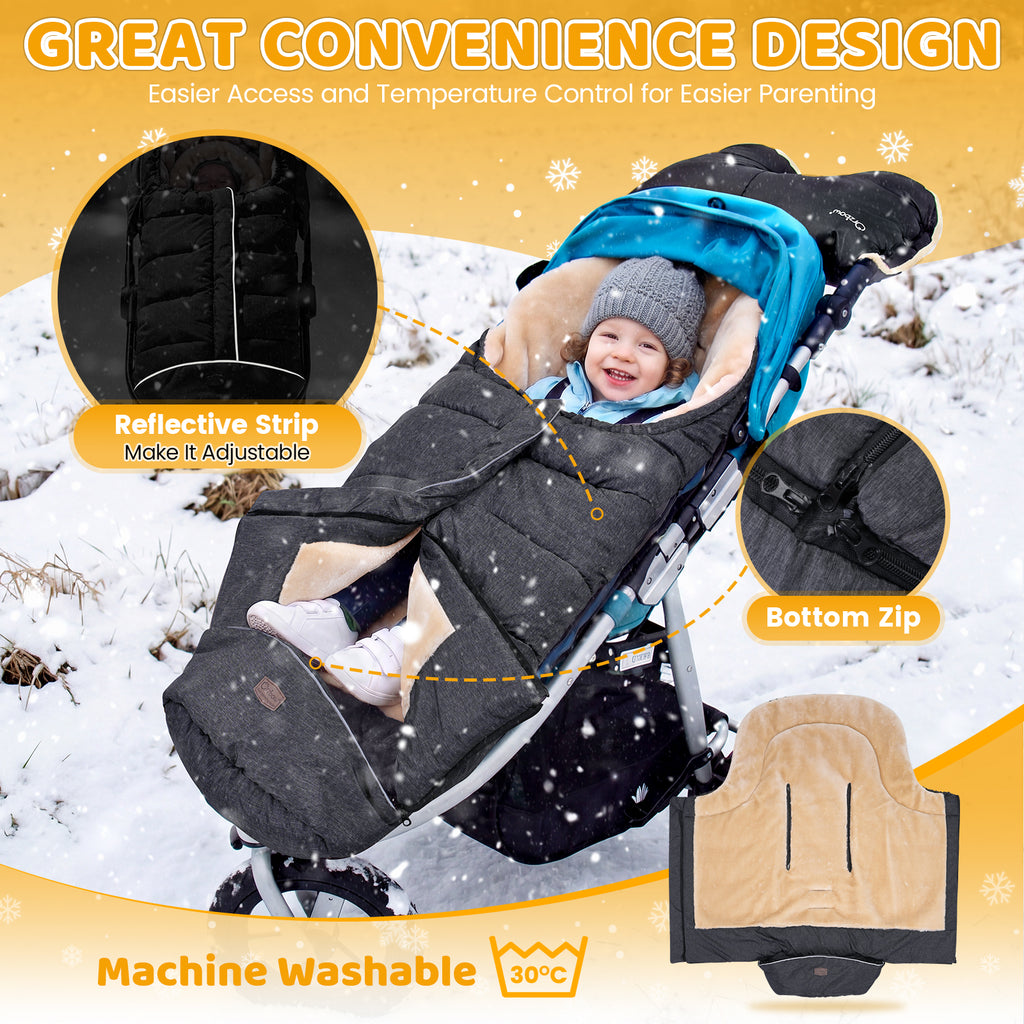 Orzbow Winter Stroller Footmuff, Faux Lambskin, Baby Stroller Winter Footmuff with Zipper, Easy Access, Anti-Slip Protection, Reflective Strips, Universal, Waterproof, 100*45cm
