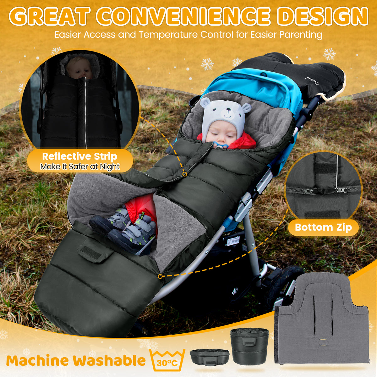 Orzbow Stroller Footmuff Winter, Buggy Footmuff, Zipper, Anthracite, Extendable Baby Stroller Footmuff with Detachable Bottom, Warm, Anti-Slip & Universal, 97/117*44cm
