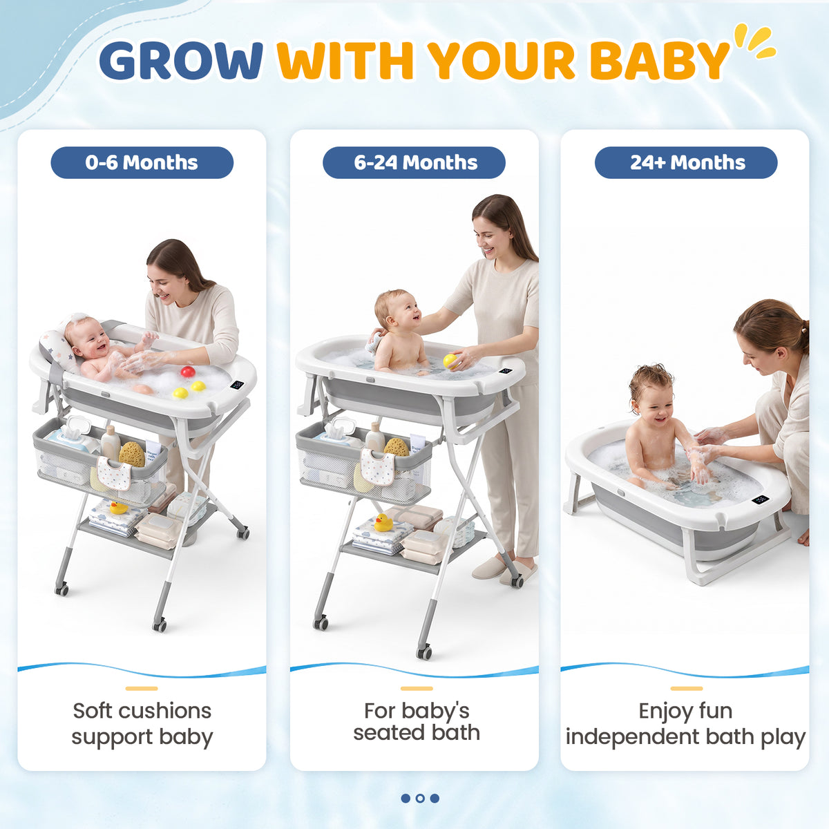Orzbow Collapsible Baby Bathtub with Stand, Adjustable Height,Wheels Design Baby Bath Tub with Soft Cushion & Thermometer, Bath Station with Storage Tray for Newborn Infant, Folding for Space-Saving