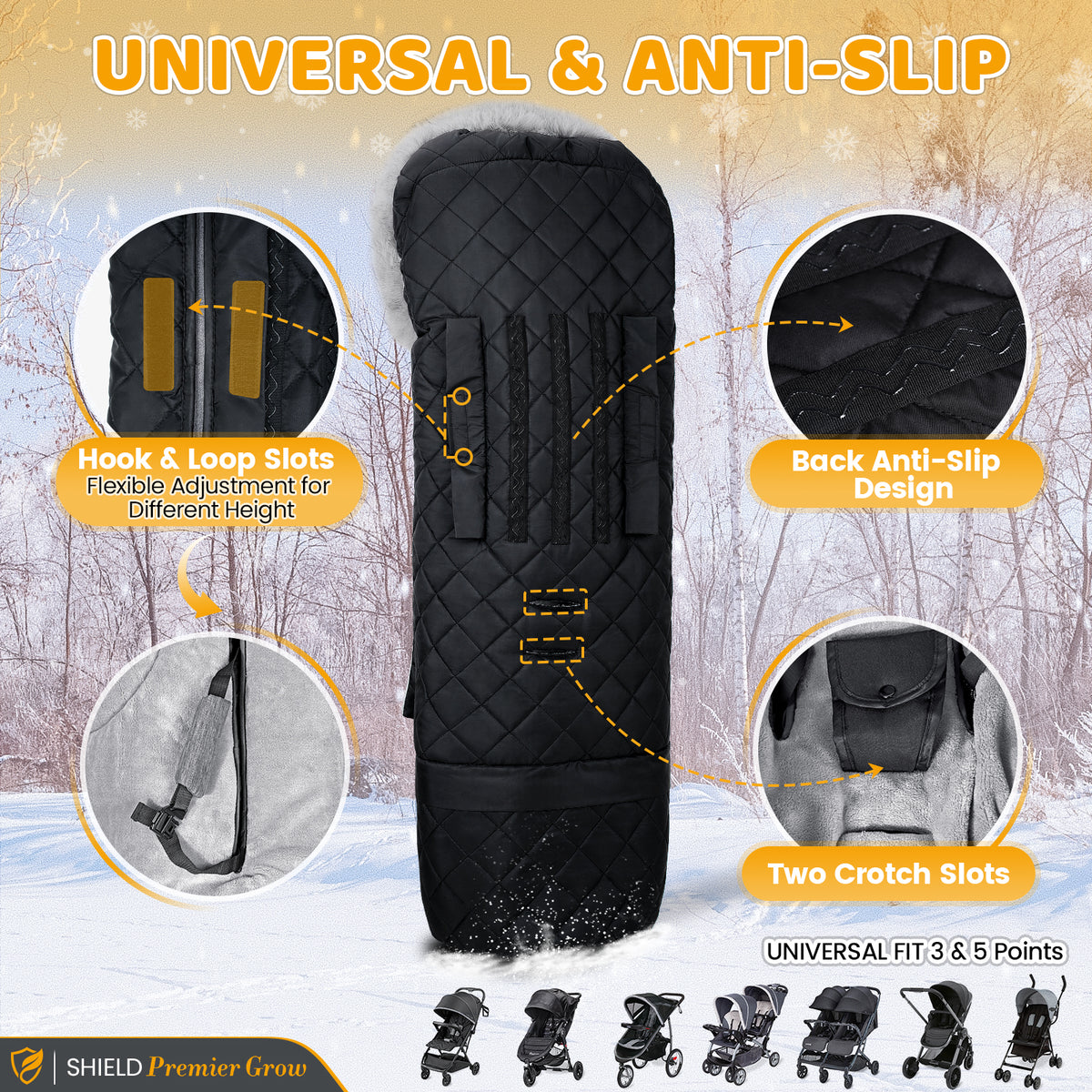 Orzbow Stroller Footmuff with Faux Fur Collar, Weather-Proof Bunting Bag Warm Cozy Blanket Cover with Reflective Strips & Extended Footmuff, Easily Attaches to Most Strollers, Baby Winter Essentials