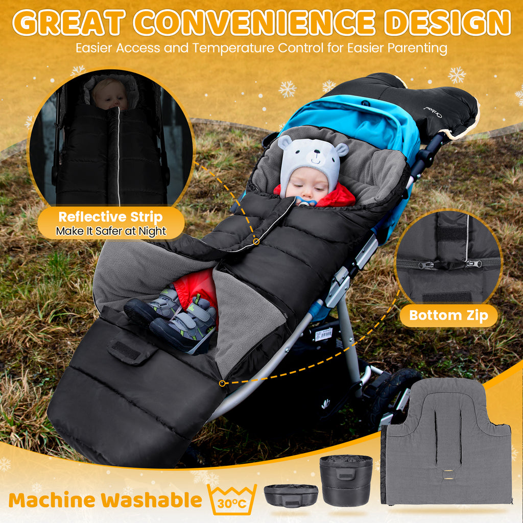 Orzbow Stroller Footmuff Winter, Buggy Footmuff, Zipper, Black, Adjustable Baby Stroller Footmuff with Replaceable Bottom, Warm, Anti-Slip Protection & Universal, 97/117*44cm
