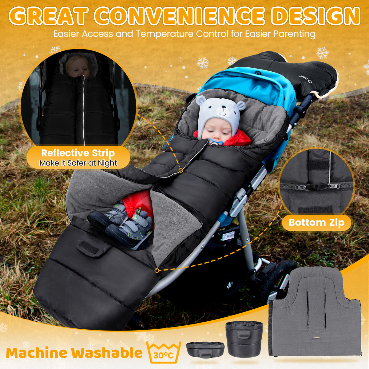 Orzbow Stroller Footmuff Winter, Buggy Footmuff, Zipper, Black, Adjustable Baby Stroller Footmuff with Replaceable Bottom, Warm, Anti-Slip Protection & Universal, 97/117*44cm